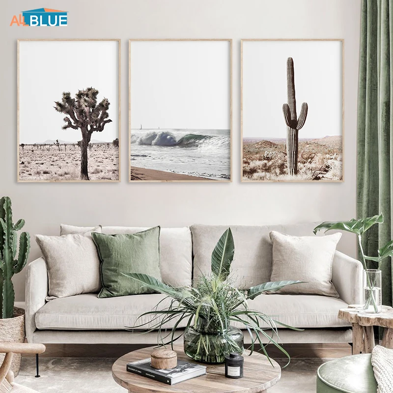 Плакат и печать пустыни кактуса пейзажа моря природы в скандинавском стиле