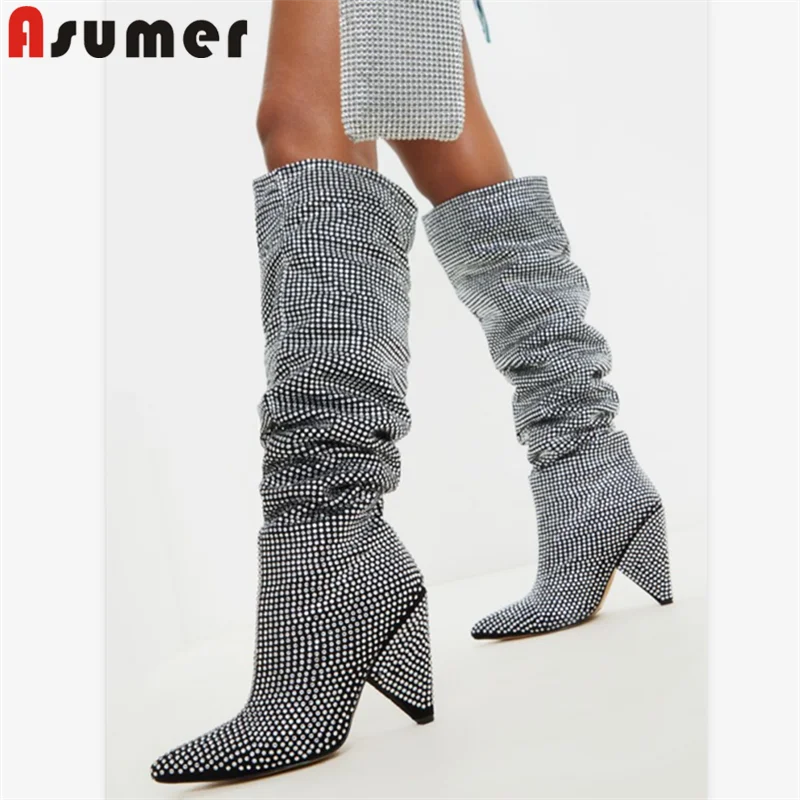 Женские сапоги до колена на высоком каблуке с кристаллами|Сапоги колена| |