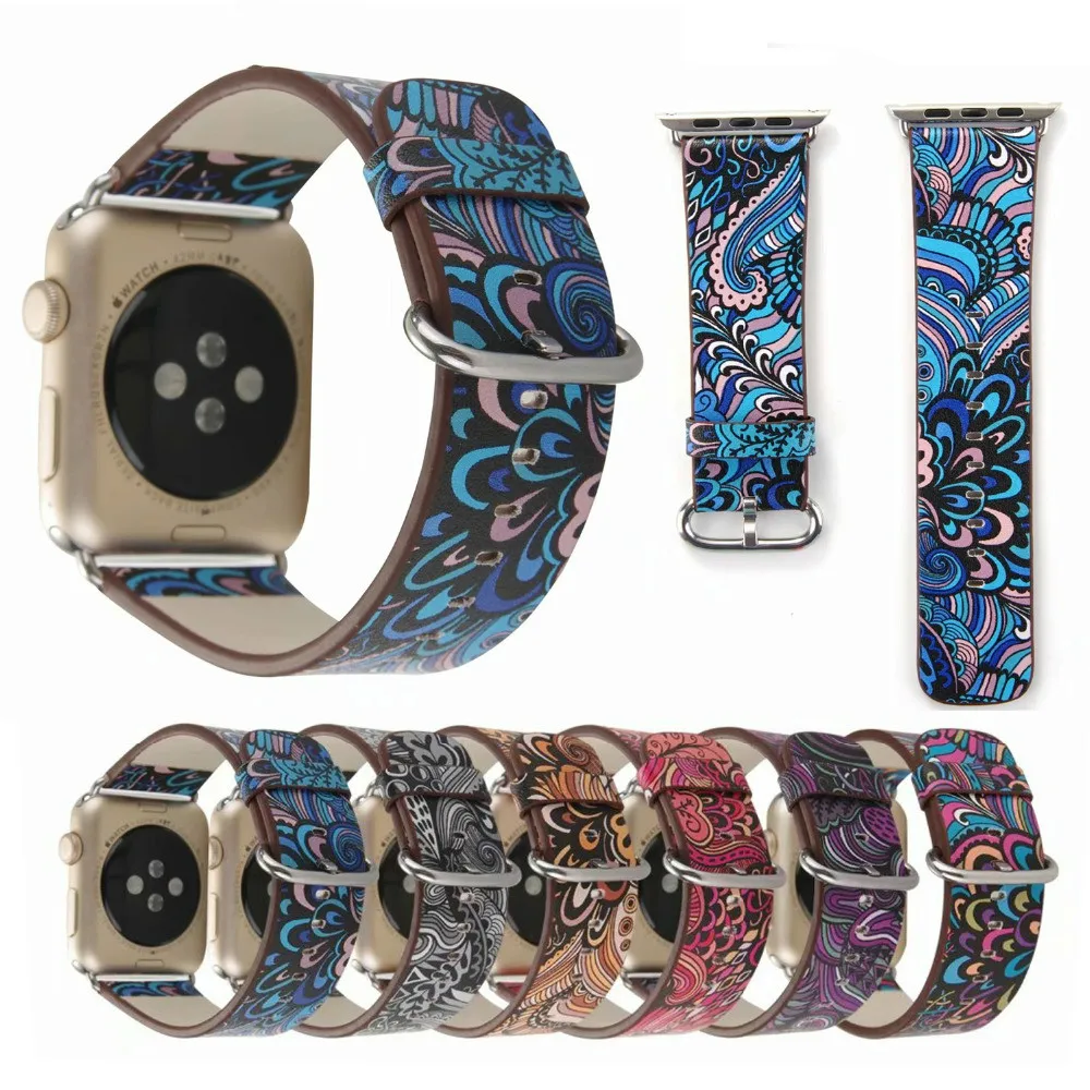 Кожаный ремешок для часов Apple Watch 44 мм 40 Iwatch 38 42 с цветочным принтом 5 4 3 мм|Ремешки