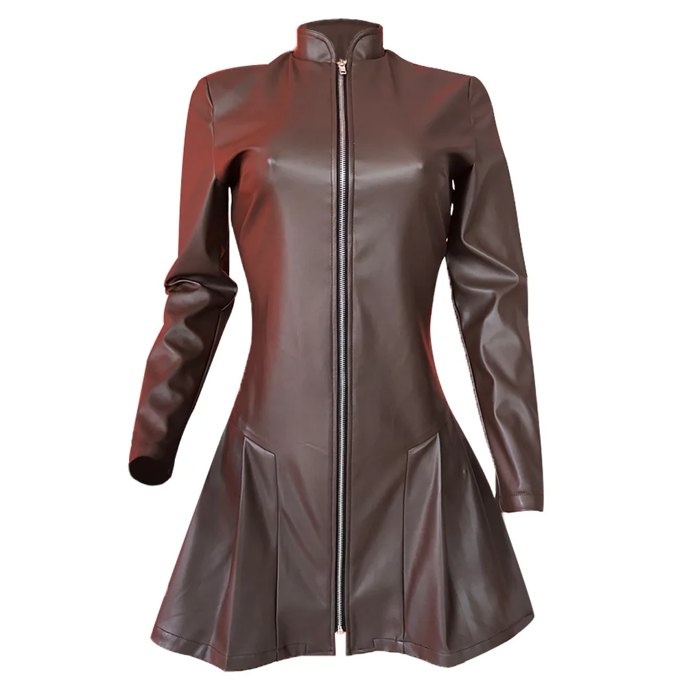 

Autumn Winter Women Slim Zipper Imitation Leather Pleated Leather Skirt A-Line Dress Solid Color Faux PU Vestidos Bodycon Dress