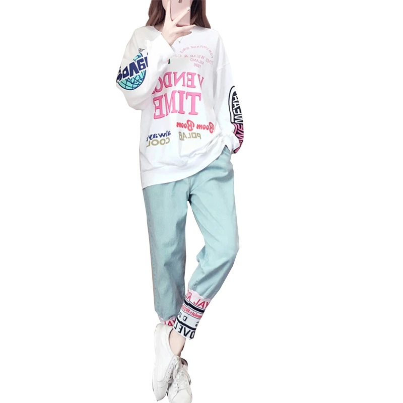 

Women Tracksuit 2 Pieces Set Hip Hop Sweatshirt Long Pants Suit Female Long Sleeve Loose Pullover Tops Trousers