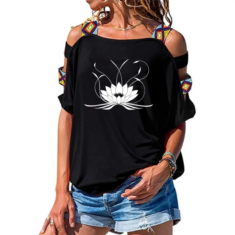 

NEW 3d Mandala Lotus Women tshirt Cotton Casual Funny t shirt Girl Short Sleeve Sexy Hollow Out Shoulder Top Tee