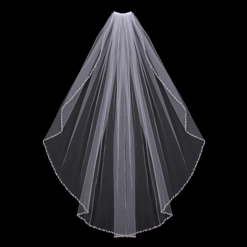 Фата свадебная ручной работы однослойная с бисером на кончик пальца Белый/цвет