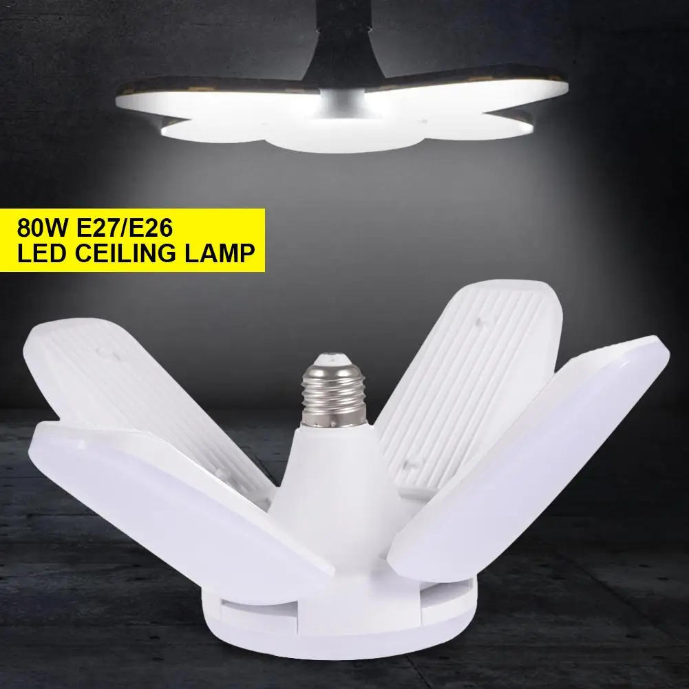 

E26/ E27 LED Garage Light 4 Leaf Deformable Folding High Bay Industrial Lamp 80W 85-265V 8000lm LED Garden Workshop Ceiling Lamp