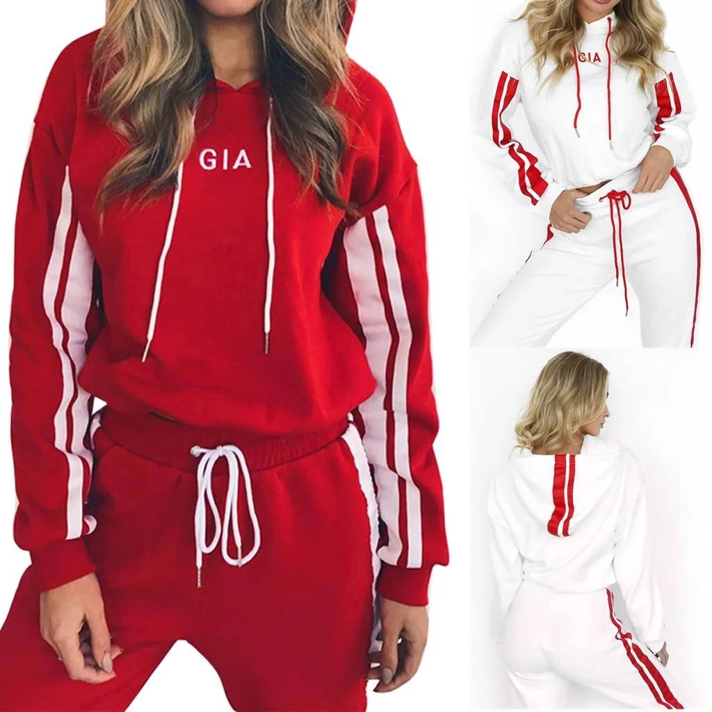 autumn two piece set Women Casual Colorblock Striped Hooded Long Sleeve Crop Tops+long Pants Running Workout Fitness Sports Suit