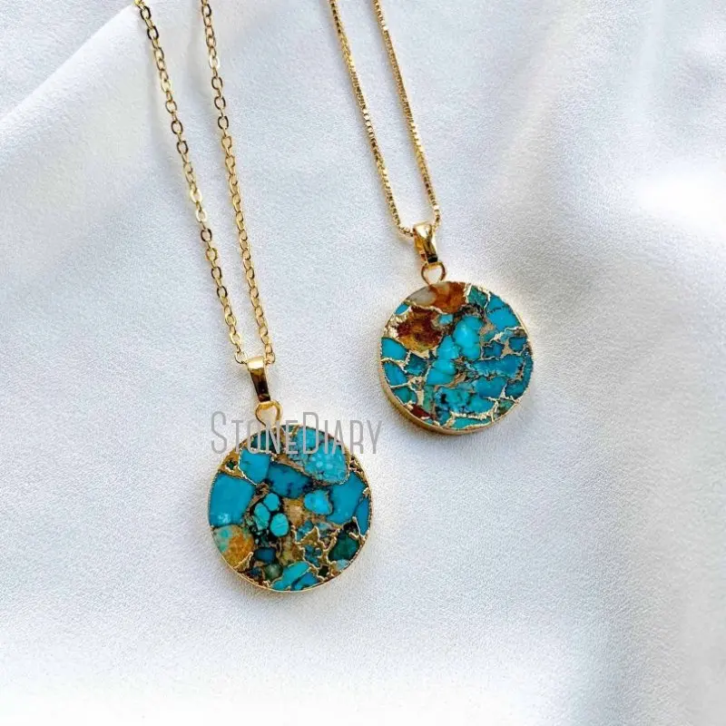 Золотое ожерелье NM36556 из необработанной бирюзы ожерелье-медальон круглой формы