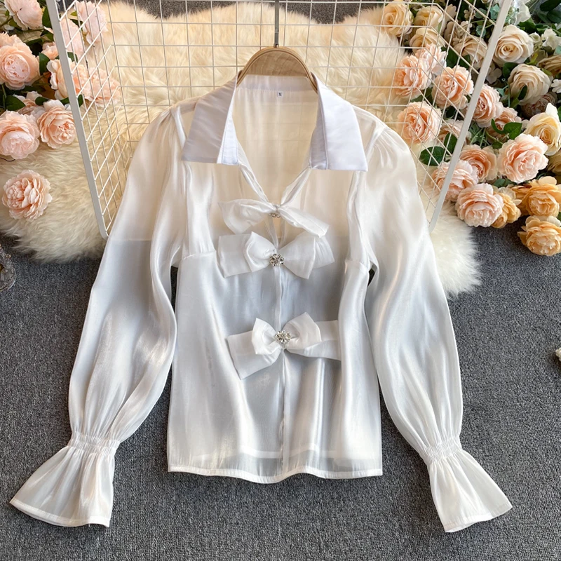 

2021 New Spring Autumn Elegant Bow Blouse Women Flare Long Sleeve Solid Shirt Loose sheet Tops Female Blusas Fashion INKEO 1T017
