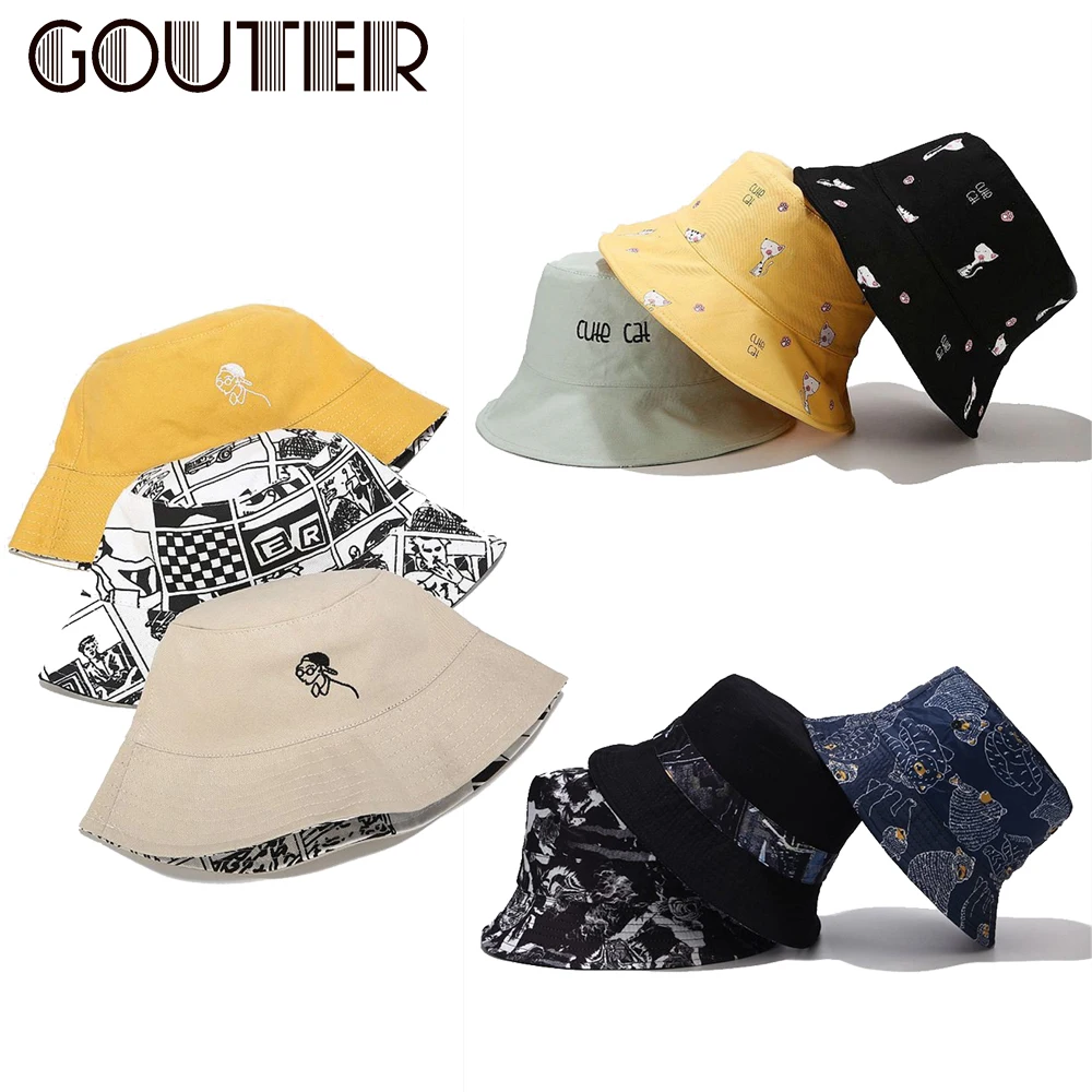 Панама с вышивкой GOUTER унисекс двусторонняя камуфляжная шапка принтом кота в