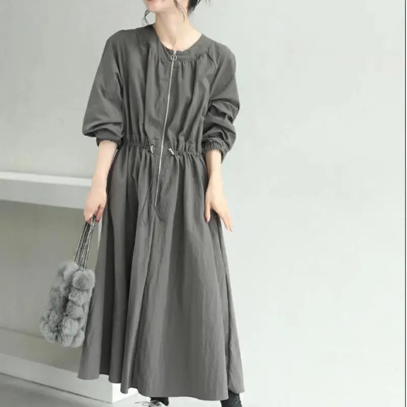 2023 Autumn New Cotton Linen Japanese Loose Slimming Waist Slim Plaid Dress Casual Simple Women A-line Long Dress Free Shipping
