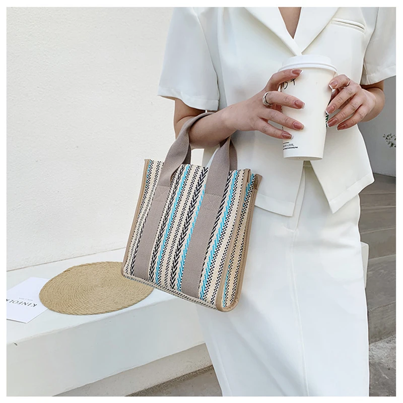 

New Fashion Women's Handbags Brand Large Capacity Striped Tote Bag Summer Straw Beach Bag Luxury Designer Female Shopper Purse