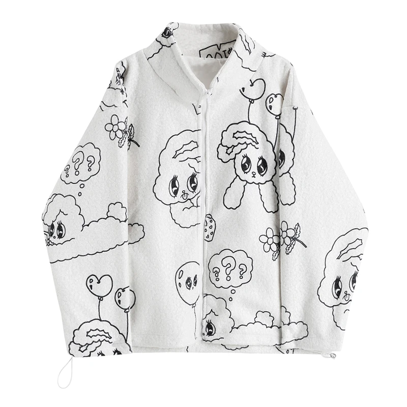 

2022 Women Cute Cartoon Printed Lamb Wool Jacket Korean Vintage Fleece Coat Winter Fashion Sweet Kawaii Warm Jackets Lady Coat