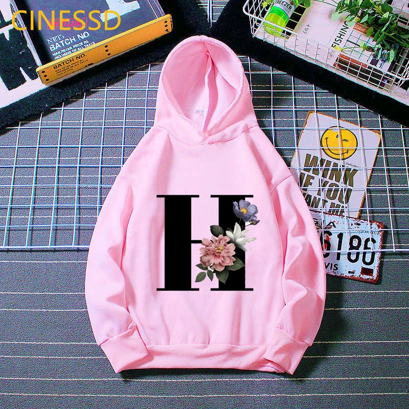 Letters 26 English Alphabet flowers print pink cap sweatshirt for children kids girls winter clothes boys plus velvet hoodies