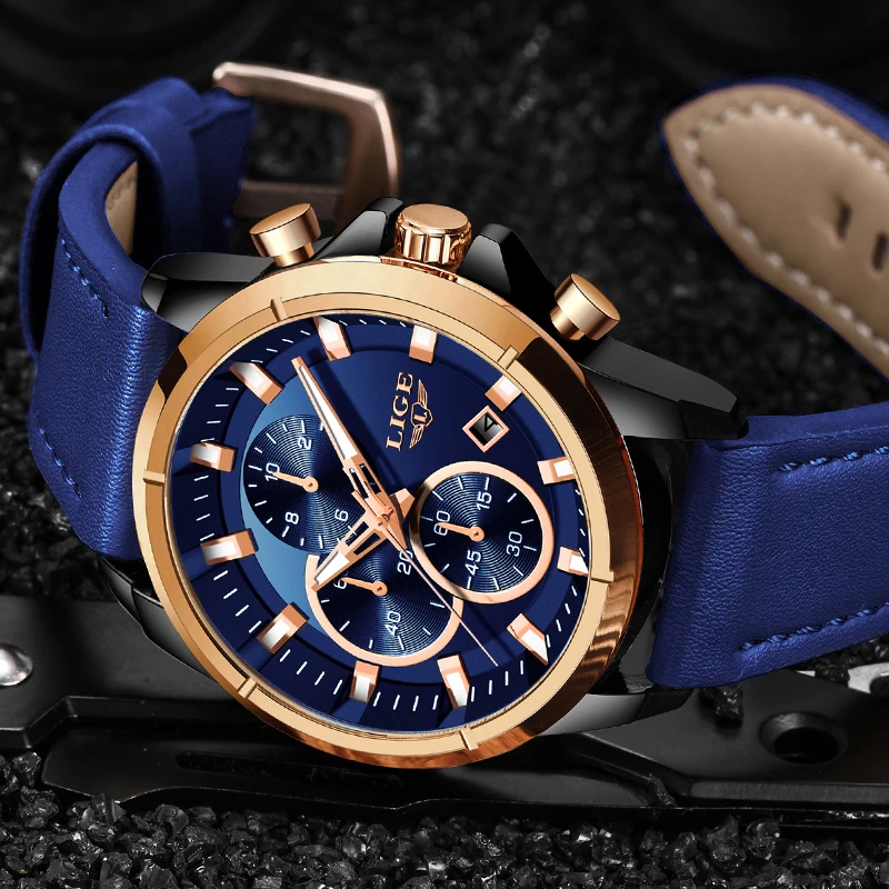 2020 Лидирующий бренд LIGE модные синие кожаные часы для мужчин повседневные бизнес