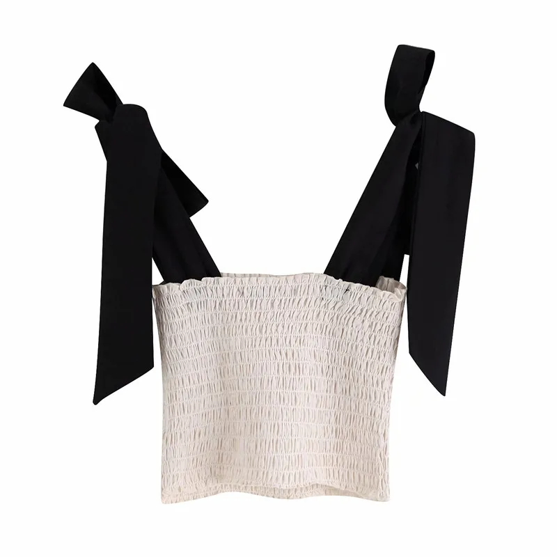 Женская блузка на бретельках спагетти с черным бантом|Блузки| |