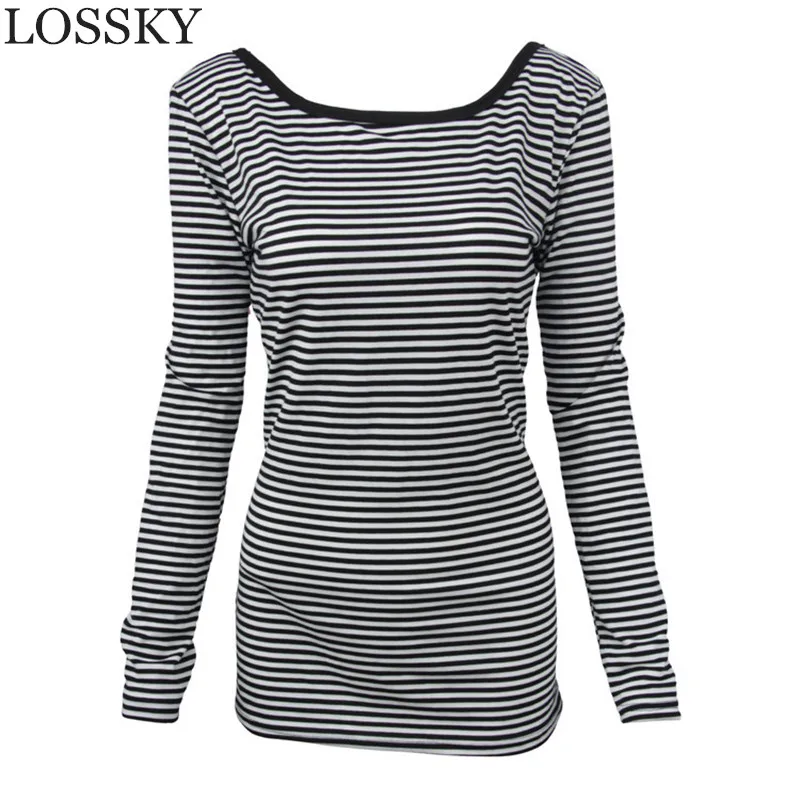 

Women's Striped Autumn Slim Sexy T-shirt Harajuku Round Neck Long Sleeve Backless Cotton Shirts Top Tees Tshirt Casual Clothing