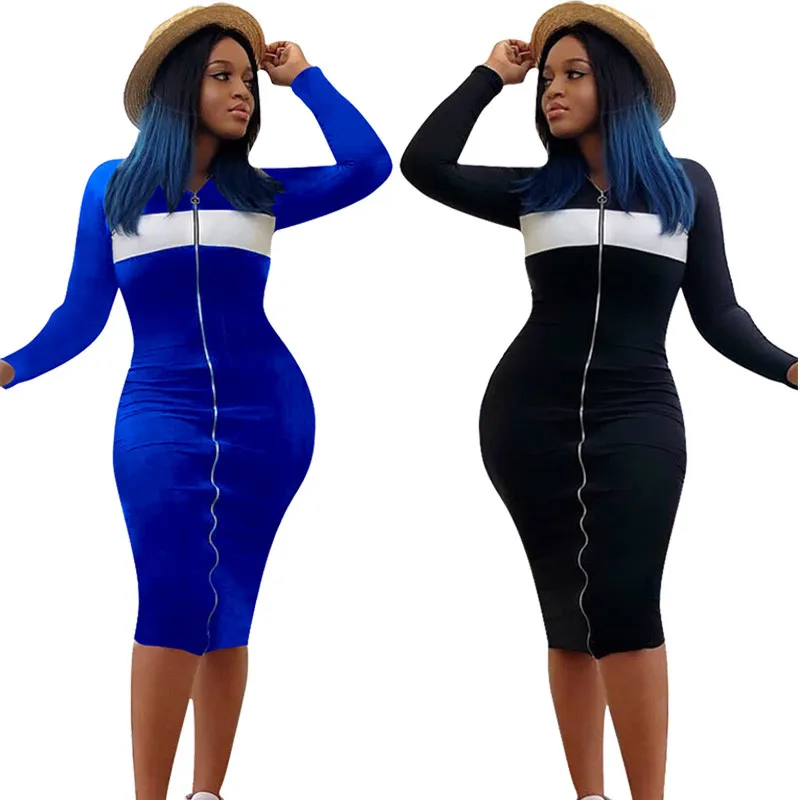 Осеннее повседневное облегающее платье с длинным рукавом женское на молнии