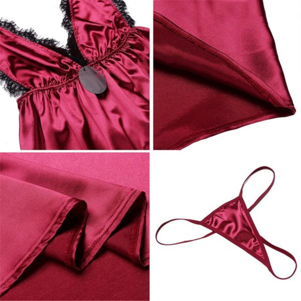 

Sexy Women V Neck Sleeveless Lace G-string Babydoll Nightdress Sleepwear Set Women's Sleep 2020