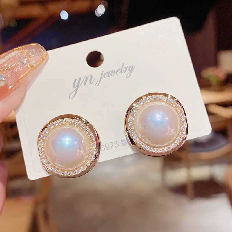 

Needle Fashion Mabe Colorful Pearl Elegant Temperament 14K Real Gold Stud Earrings for Women Cubic Zircon Earrings