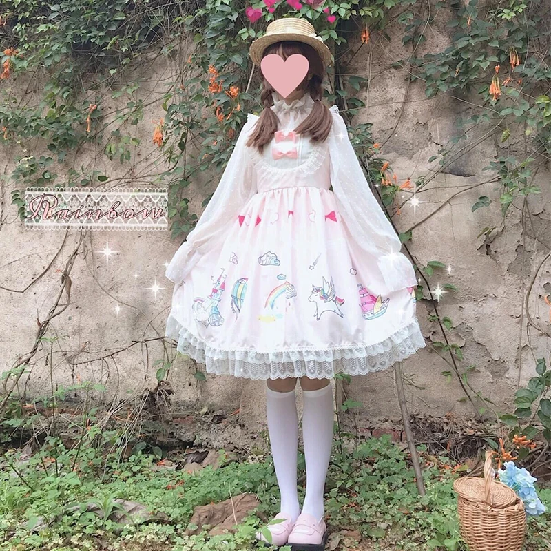 

Lolita dress summer Vintage Kawaii cute women student stitching lace bow color unicorn small fresh sleeveless dress cute