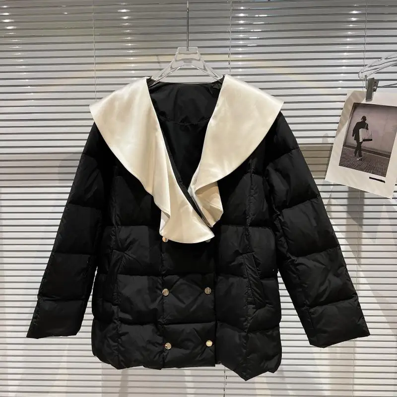 

2022 New Winter Women Down Parkas Silk Shawl Patchwork Double Breasted Loose Down Jacket Female Cotton-padded Coat Casual