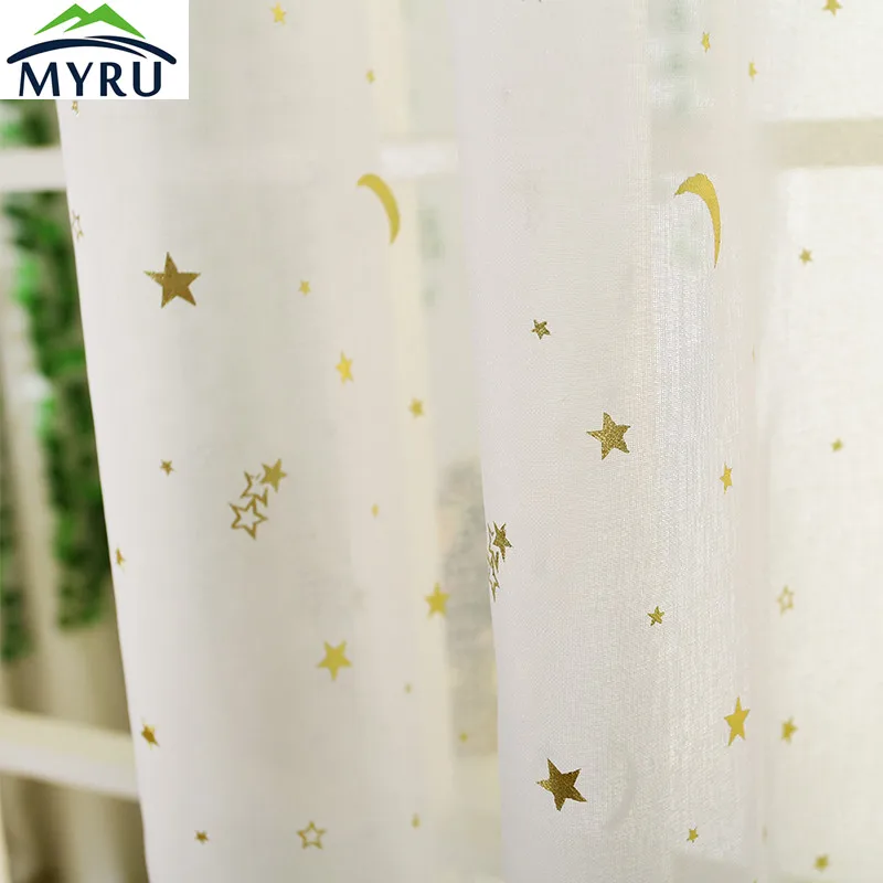 MYRU Korean rural living room bedroom window curtains white color with golden stars and moons voile curtain free shipping