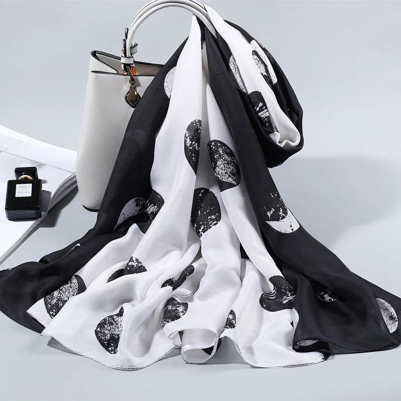 Весна 2020 новый Шелковый атласный шарф высокого качества женская черная белая