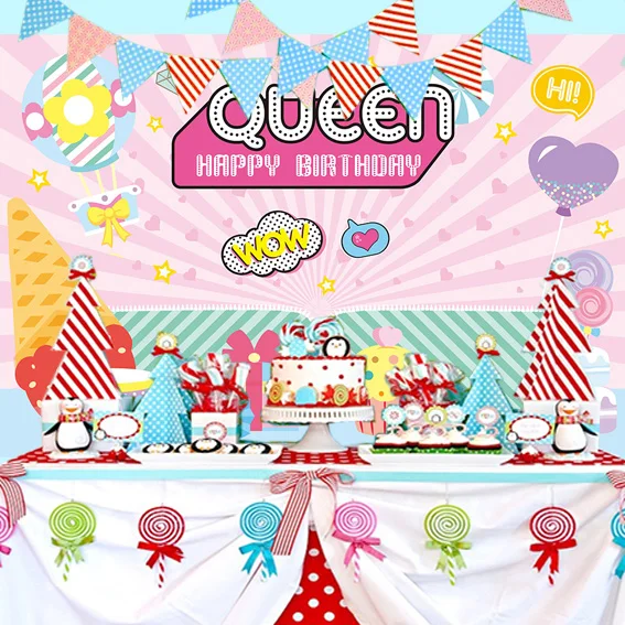 

Girl Queen Birthday Party Backdrop Sweet Pink Princess Photography Background Cupcake Zipper Banner Decor Portrait Studio Poster