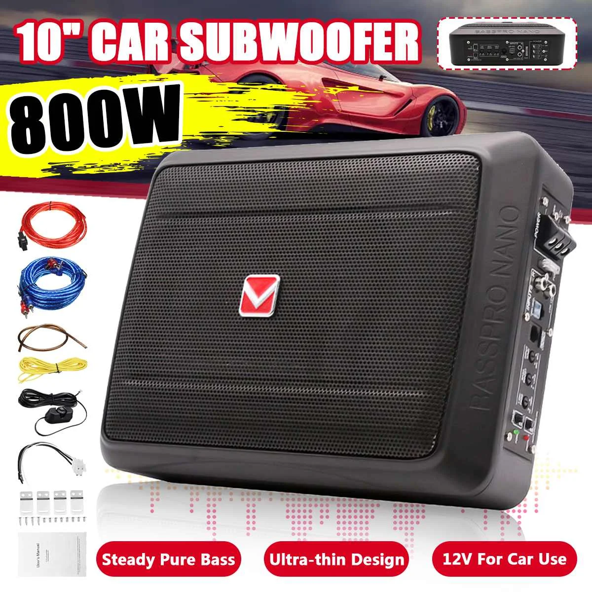 800W 8/10 Inch Car Seat Subwoofer Speaker Alloy Shockproof Power Amplifier Active Subwoofers Car Stereo Car Audio Music Player