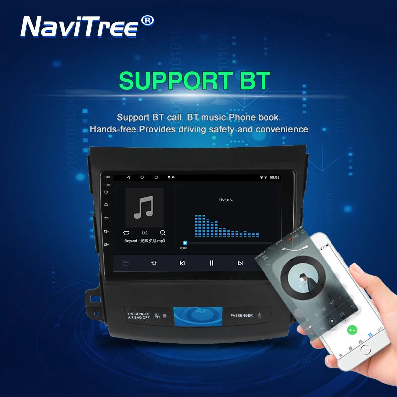 NaviTree 9 дюймов ips 1024*600 Android 9,0 автомобильный радио мультимедиа для Mitsubishi Outlander xl 2 2005-2011 bluetooth FM usb заднего вида