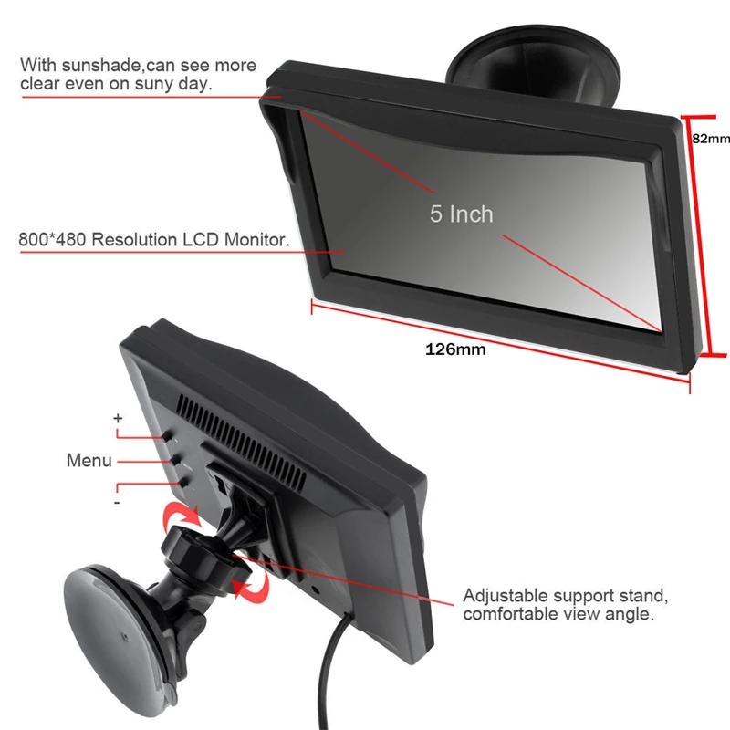 YuanTing 5 Inch TFT LCD Car Color Rear View Monitor Screen 12-24V for Parking Backup Camera with 2 Optional Bracket | Автомобили и