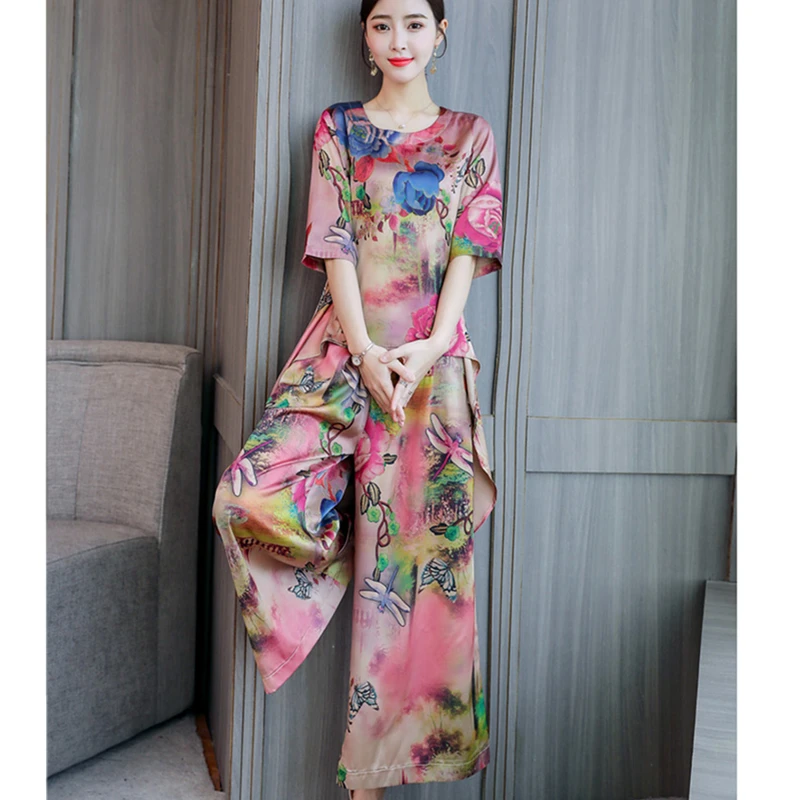 Костюм женский из двух предметов Шелковый костюм большого размера с зарубежными