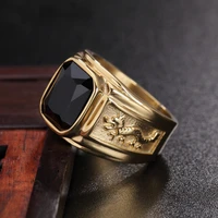 creative design square black red stone mens ring punk retro gold color double dragon stainless steel rings amulet jewelry gift