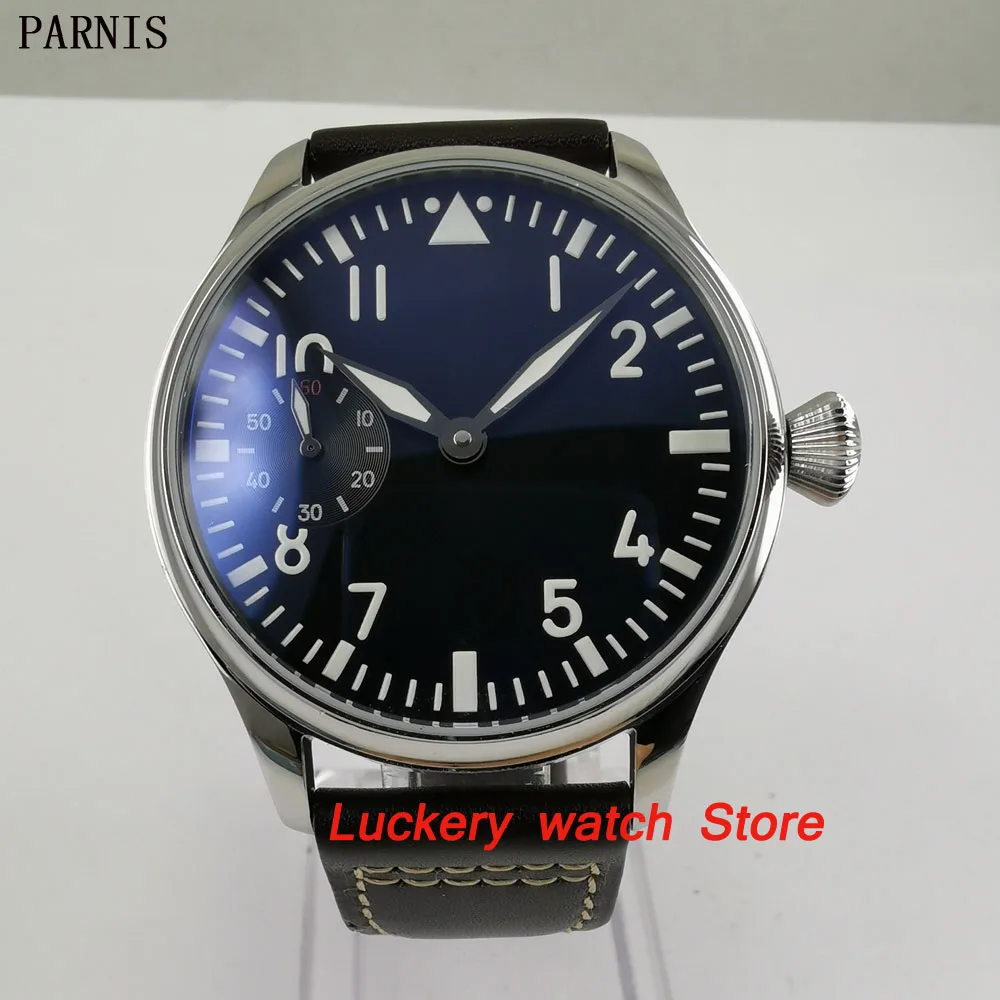 Parnis 44 мм черный циферблат 17 драгоценностей механические 6497 с ручным заводом