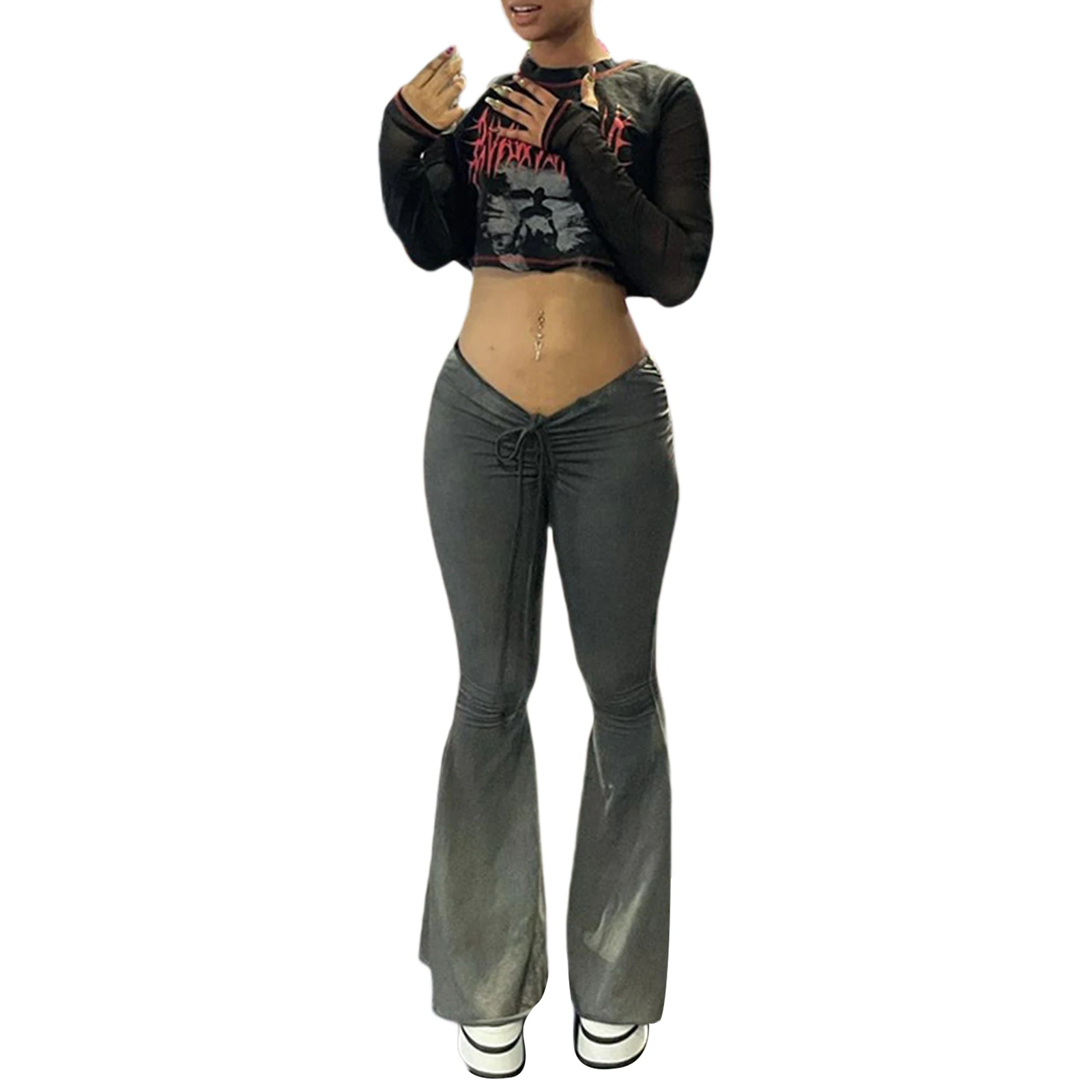 

Women Solid Color Flared Pants, Charcoal Low Waist Pleated Trousers with Drawstring Design, S/ M/ L