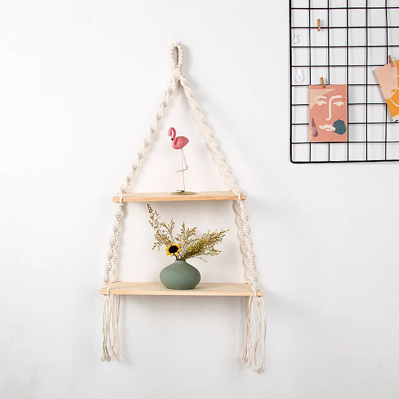 

Double Layer Wood Plant Shelf Living Room Decorations Macrame Wall Floating Shelves Holder Book Display Rack Bedroom Boho Decor