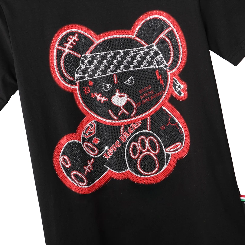 

PP Fashion 100% Cotton T-shirt Men Short Sleeve Tops 3D Diamond-studded Bear Street Gothic Style Plein
