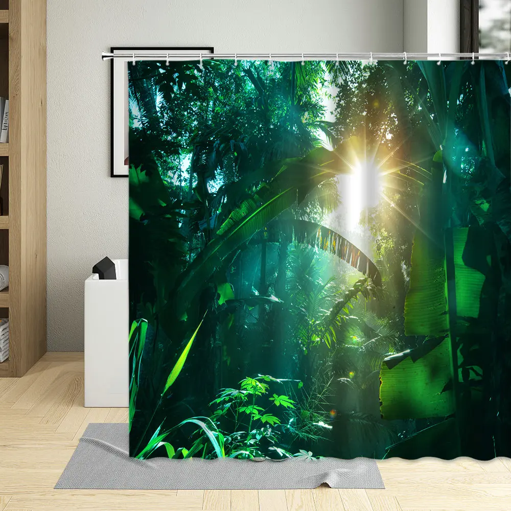 

Tropical Jungle Green Leaf Shower Curtain Set Palm Tree Banana Leaves Plant Landscape Wall Decorate Bathroom Curtains Polyester