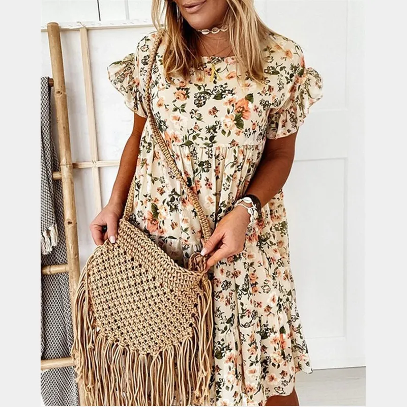

Bohemian Floral Print Dress 2021 New Casual Short Sleeve O-Neck Loose Pleated Summer Dress Chic Women Beach Mini Dress Vestidos