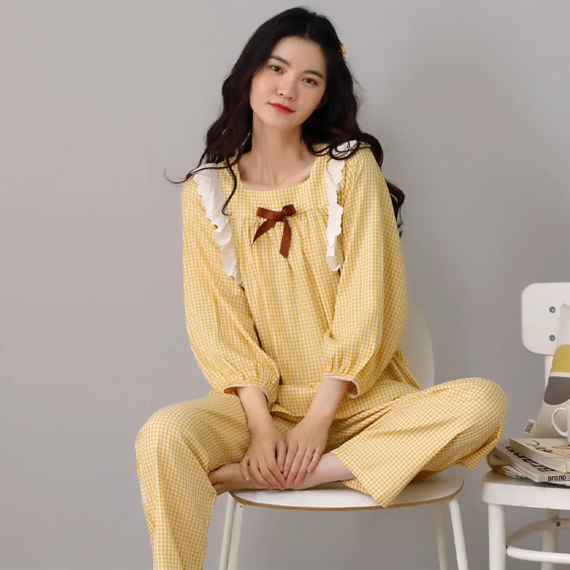 

Ladies Pajamas Spring Autumn 100% Cotton Palace Princess Style Loose Cotton Sleepwear Two-Piece Suit Can Wear Outside Pijama