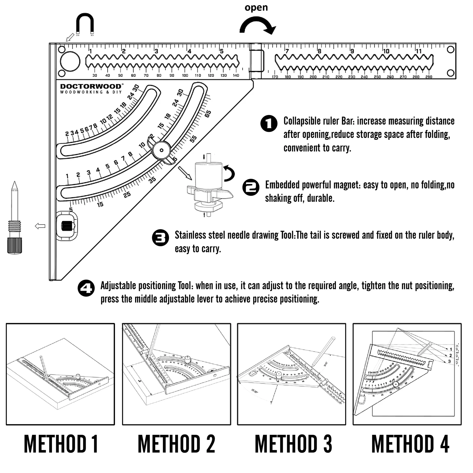 

Foldable Multifunction Measuring Ruler Woodworking Positioning Tool Angle Adjusting Extendable Utility Tool