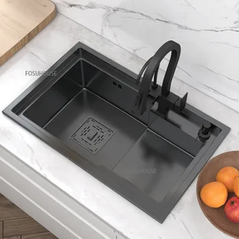 Household Nano Black Sink Single Stainless Steel High And Low Kitchen Sink Stainless Steel Home Improvement Kitchen Furniture 1