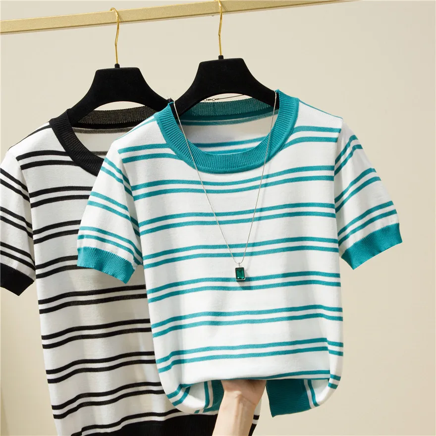 

GGRIGHT Ice Silk Knitted Sweater Women Striped Vintage Short Sleeve Summer Loose Thin O Neck Pullovers 2021 Autumn Casual Tops