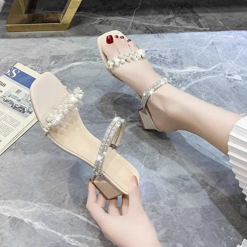 

Pearl Flat Women's Slippers Transparent Fashion Sandals Casual Shoes High Heels Indoor Outdoor Square Heel Women's Sandals