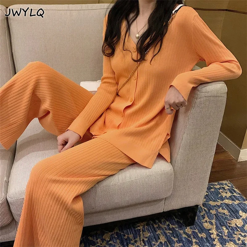 

Casual Knitting Suit Autumn V-neck Single-breasted Knitted Sweater+straight Wide Leg Pants Womens Two Peice Sets Slim Two Suits
