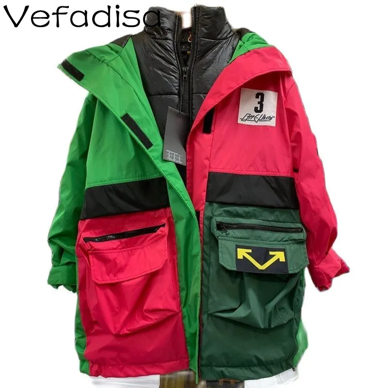 

Vefadisa Large Size Stitching Contrast Color Hooded Windbreaker Cotton Jacket 2021 Winter Loose Mid-length Thick Coat TT616