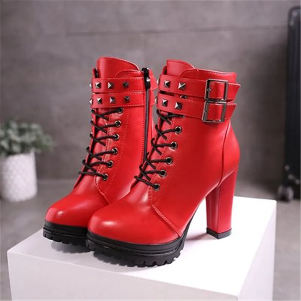

2022 New Fashion Black Red Ankle Boots Women Spring Autumn Lace-Up Soft Leather Platform Shoes Woman Party Short Boots High Heel