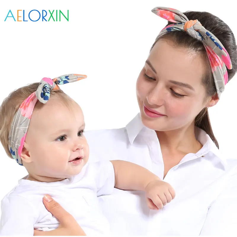 

2Pcs/Lot 1Pcs Mom Headwear+ 1Pcs Baby Headwear Rabbit Ears Hairband Set Headwear Parental Striped Bow Tie Elastic Hair Band Head