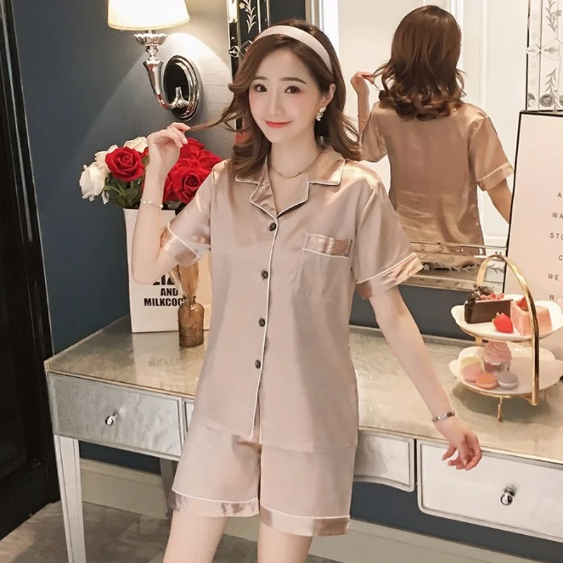Two Piece Set Summer Pure Color Silk Shorts Girls Pajamas and Home Service Suits Plus Fertilizer Pijamas Women