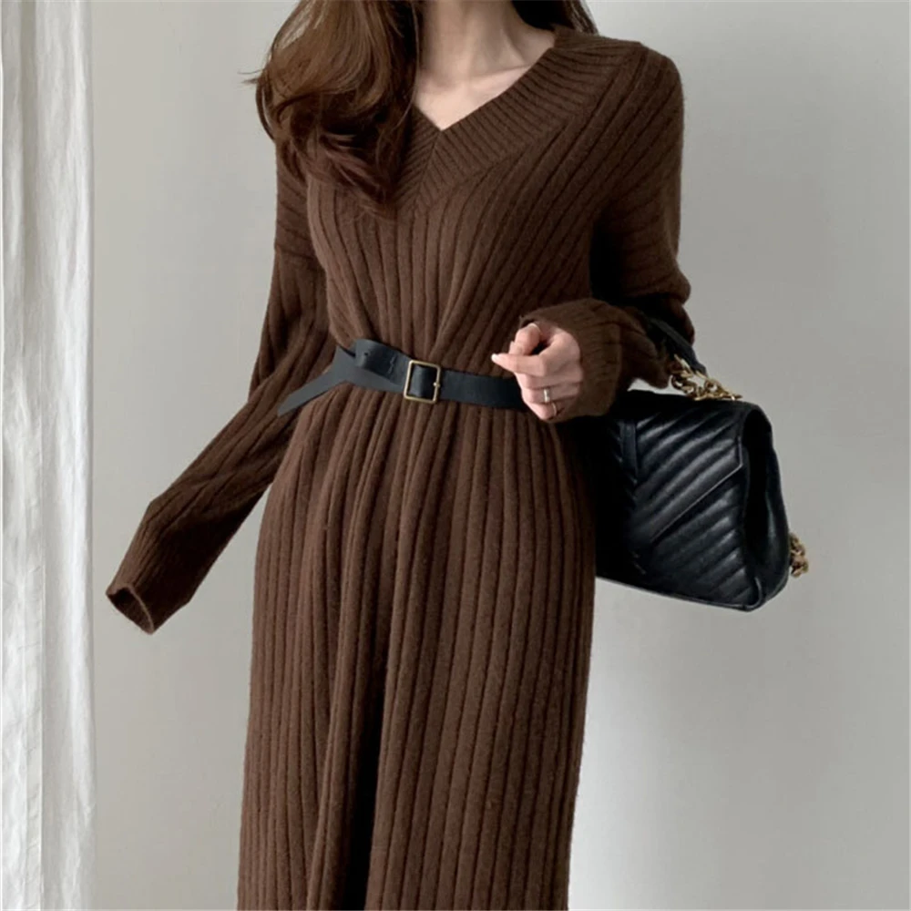 

Корейское осеннее простое трикотажное платье, Свободные повседневные платья с длинными рукавами, v-образный вырез, высокая талия, элегантное платье, женская одежда 2021