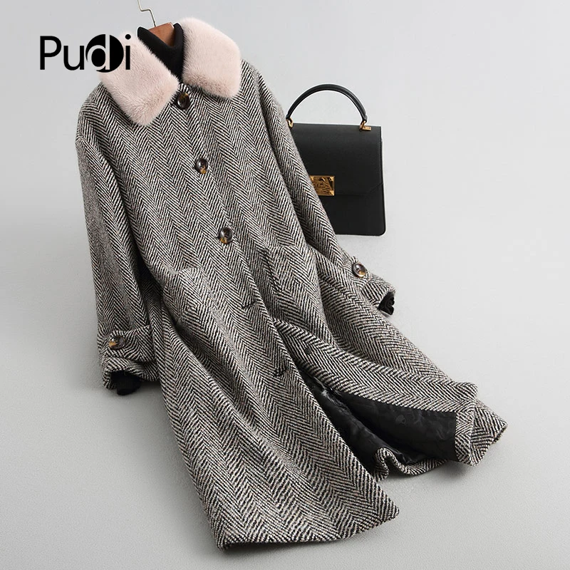 

PUDI A18122 Для женщин зимнее теплое шерстяное пальто с меховым воротником подкладка из натуральной овечьей шерсти пальто женское пальто, куртк...